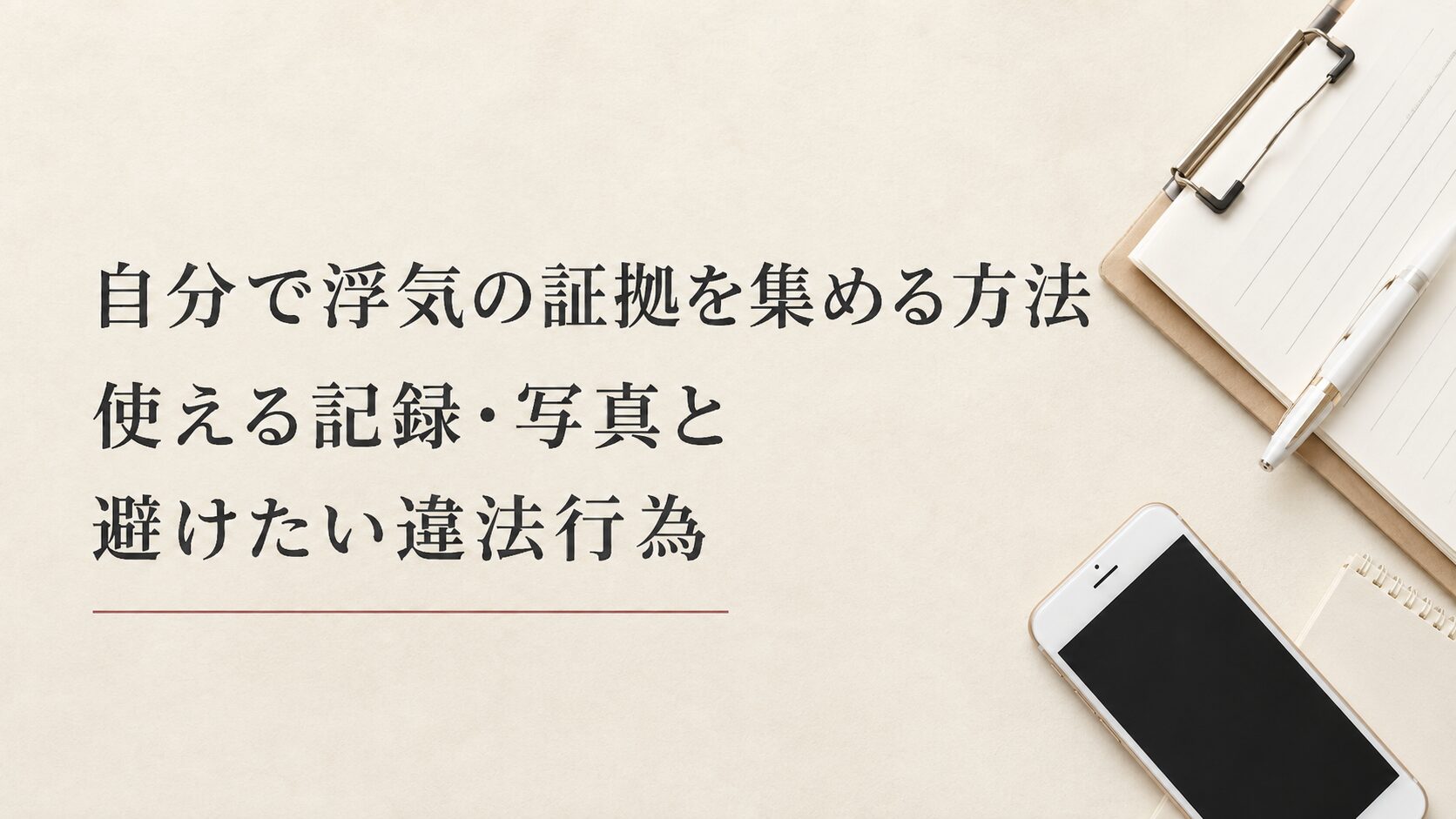 クリップボードとスマートフォンを背景に「自分で浮気の証拠を集める方法 使える記録・写真と避けたい違法行為」と表示した記事サムネイル