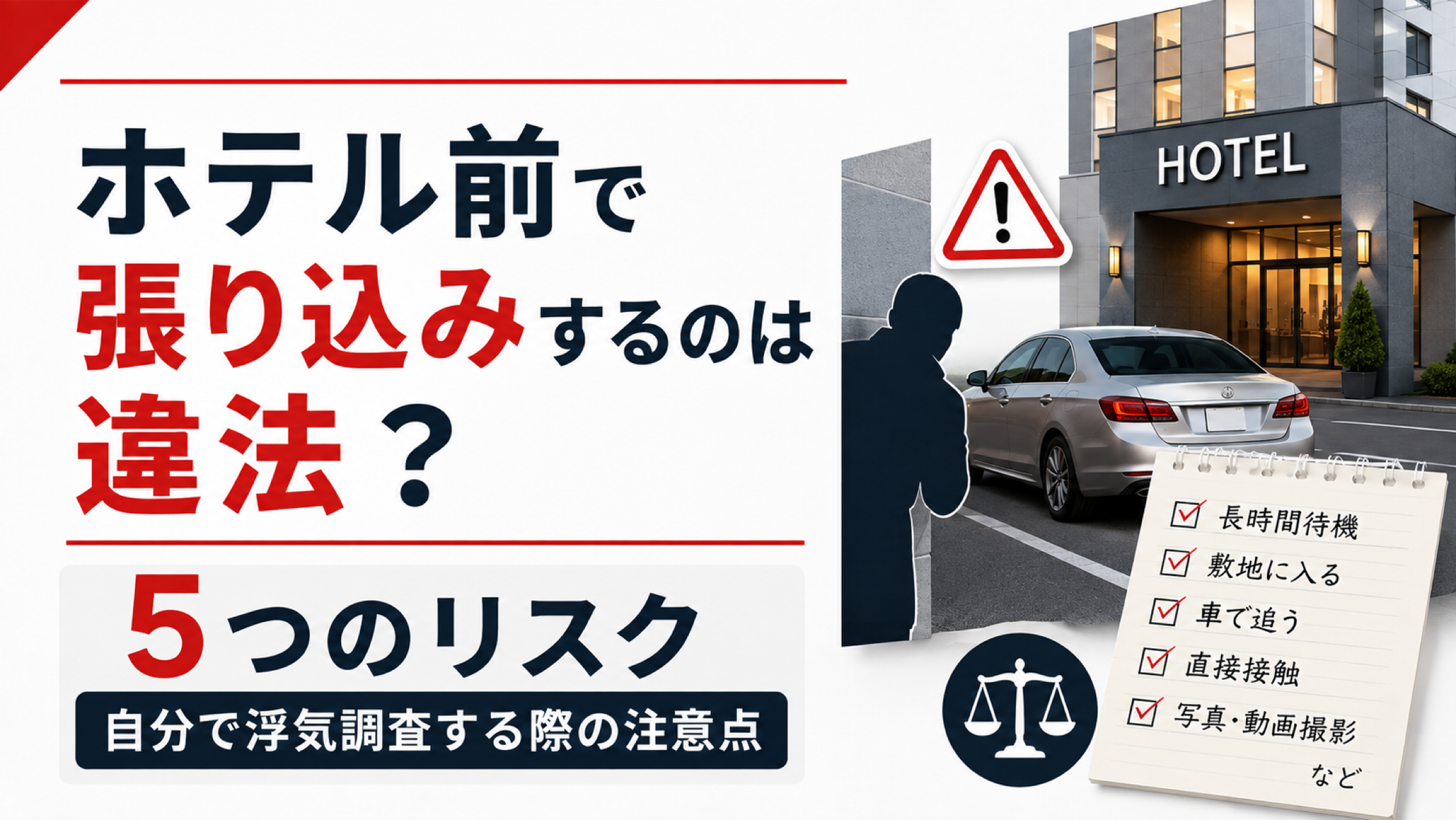 ホテル前で張り込みするのは違法なのかを5つのリスクと自分で浮気調査する際の注意点から解説するアイキャッチ画像