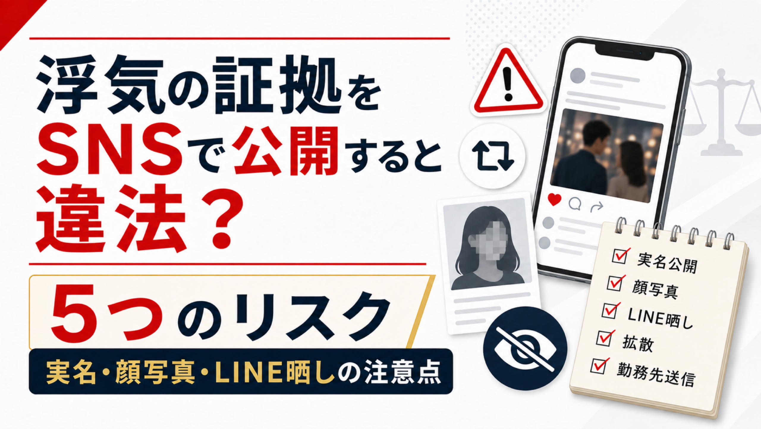 浮気の証拠をSNSで公開すると違法なのかを5つのリスクと実名・顔写真・LINE晒しの注意点から解説するアイキャッチ画像